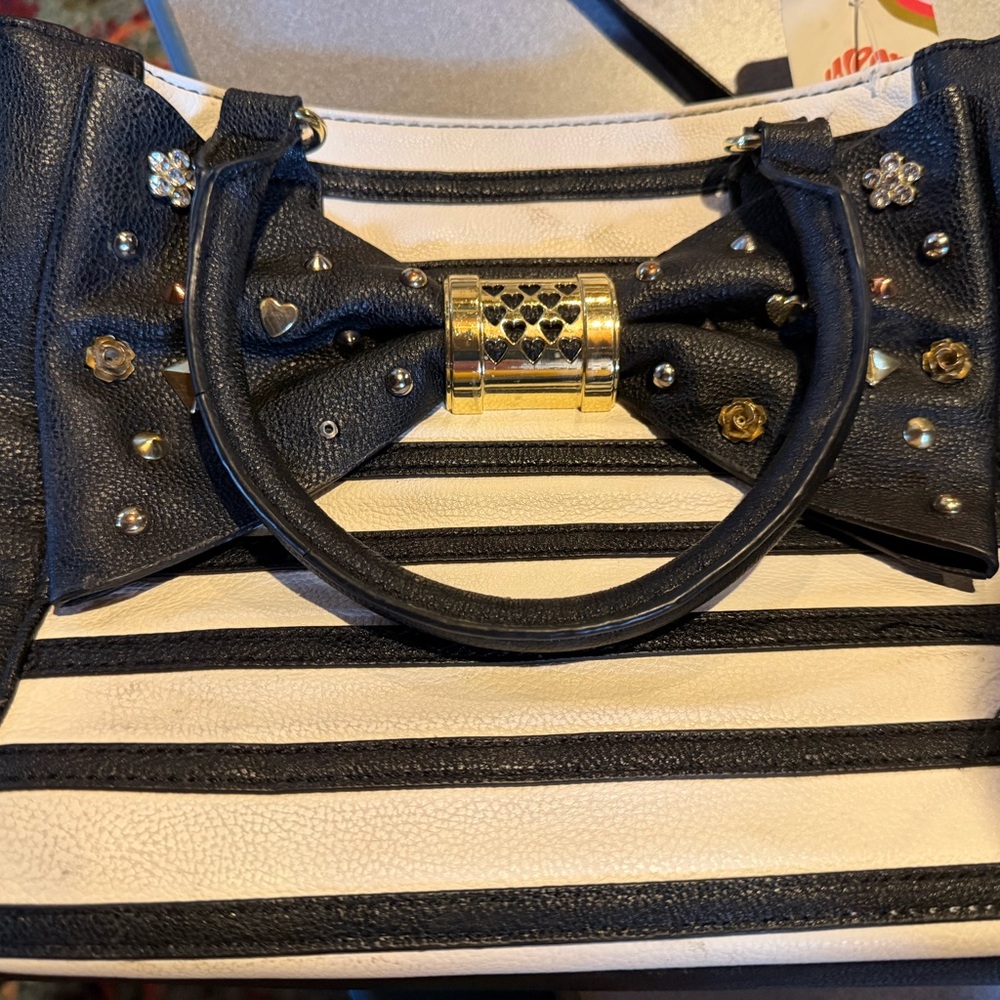 Betsy Johnson Black and White Striped Handbag with Gold Accents